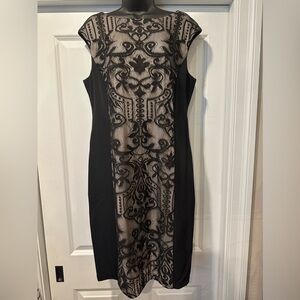 Elegant Black and Beige Lace Panel Dress - 39” Long, 20” Bust